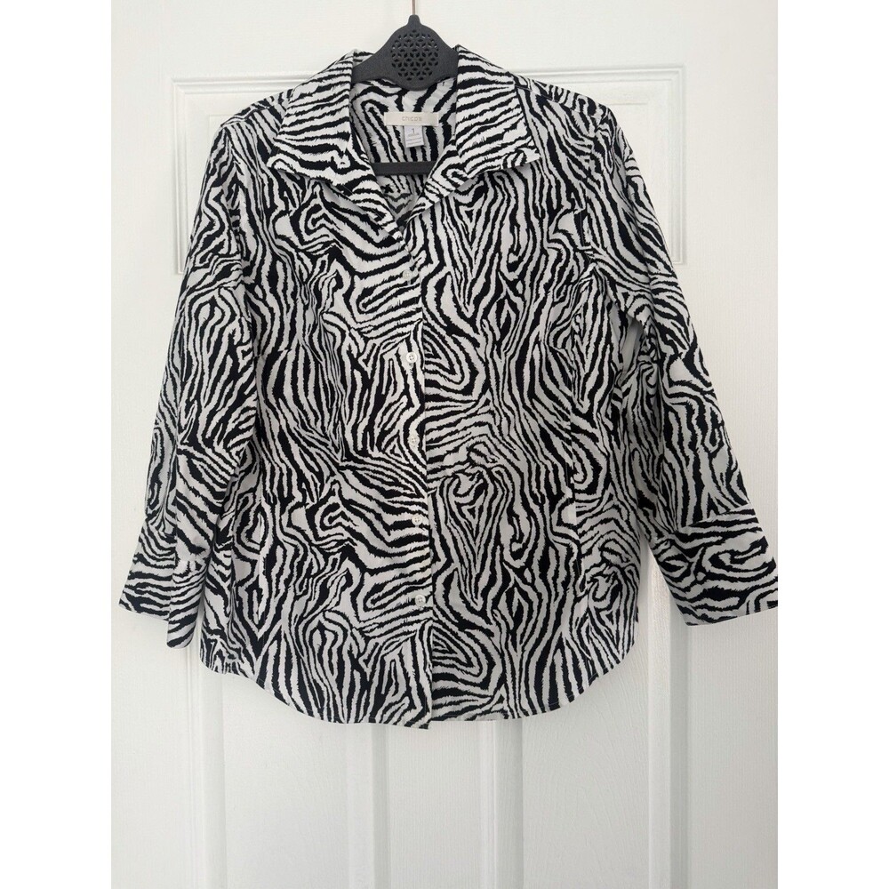 Chico’s Zebra Print Button Front Shirt Size 1 Black White 100% Cotton 3/4 Sleeve